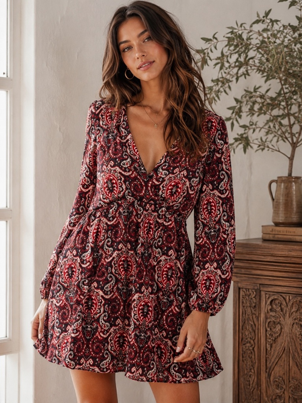 Maeve By Anthropologie Red Purple Paisley Long Sleeve Boho Knit Dress